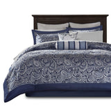 Madison Park Aubrey Cozy Comforter Set, Faux Silk Jacquard Paisley Design - All Season Down Alternative Bedding with Cotton Bed Sheets, Bed Skirt & Toss Pillows, Queen Navy 12 Piece