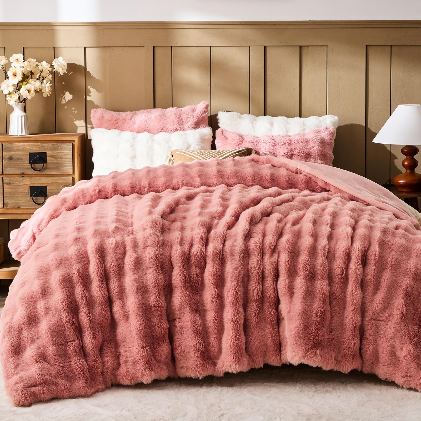 Faux Fur Queen Comforter Set – Pink Fluffy Comforter Queen Size, Big Bubble Faux Rabbit
