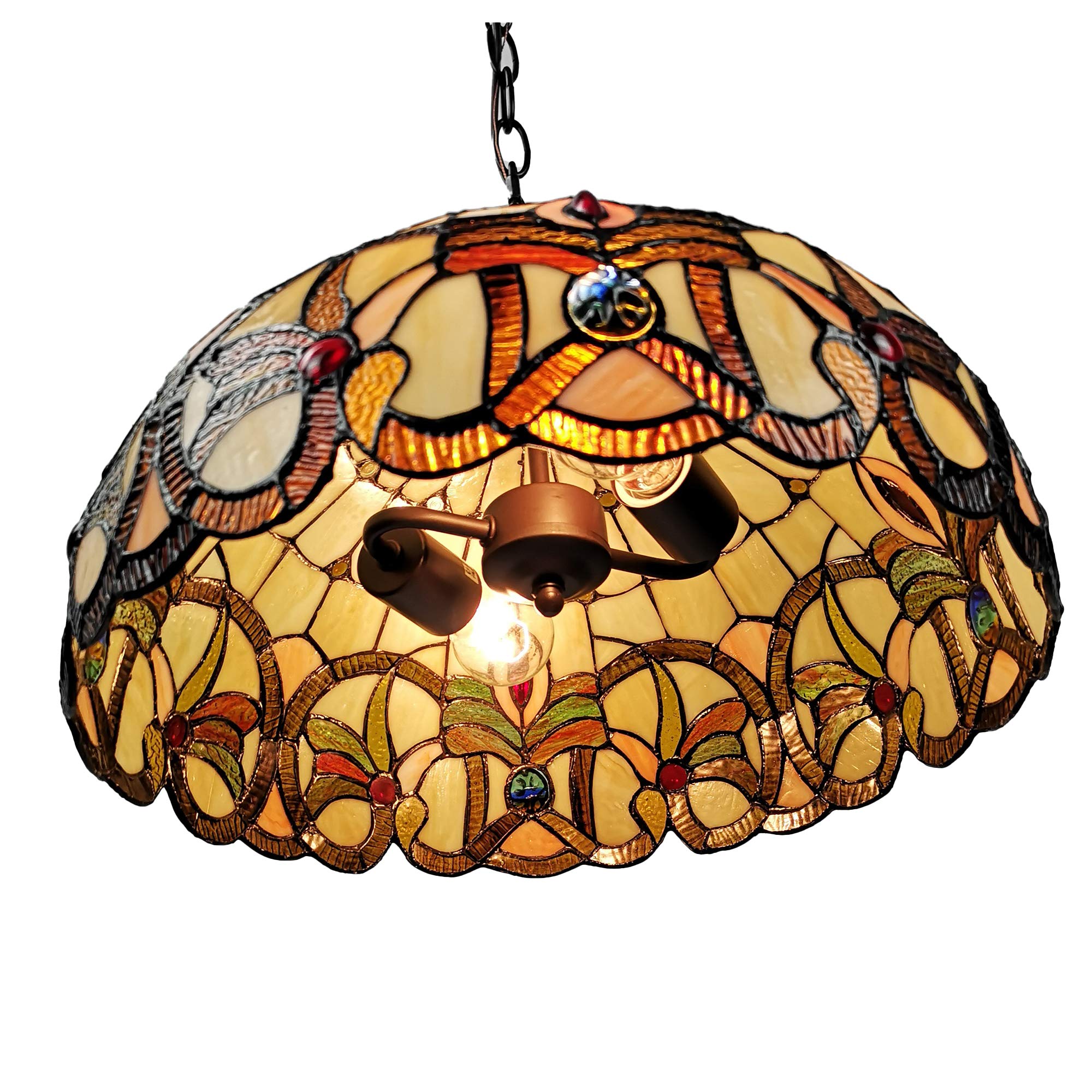Tiffany Style Hanging Pendant Lamp 16" Wide Stained Glass White Jeweled Yellow White