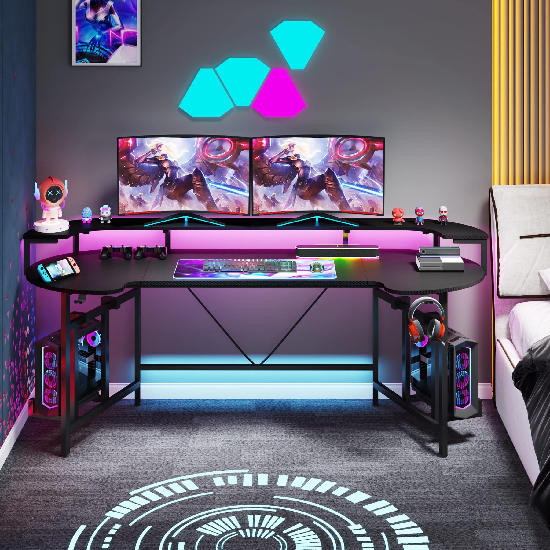75 Inch Gaming Desk with Monitor Shelf, Large PC Computer Desk with LED Lights