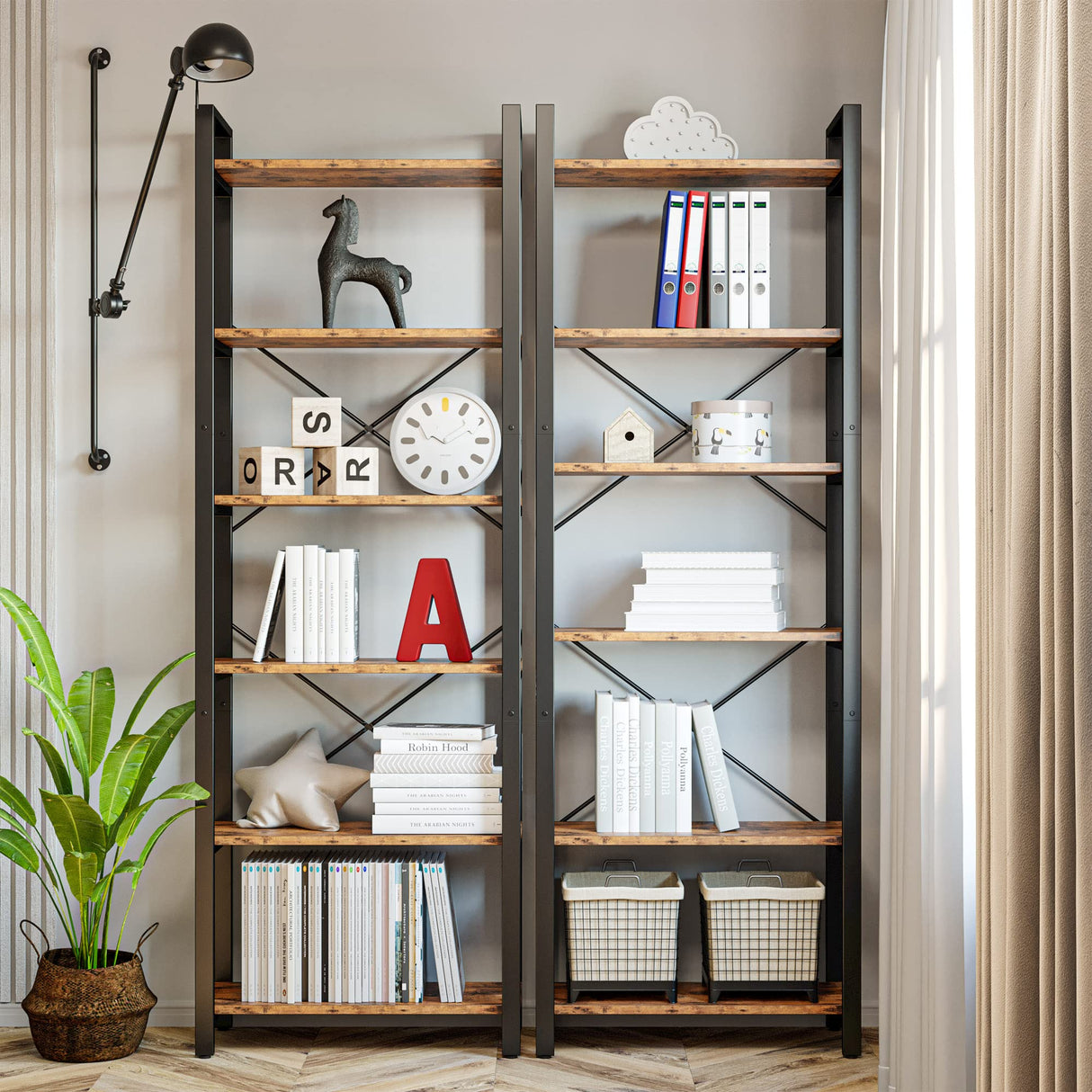 Bookshelf 6-Tier Ladder Shelf 110lbs Display Shelf Vintage Industrial Style Bookcase for Home Office, Living Room