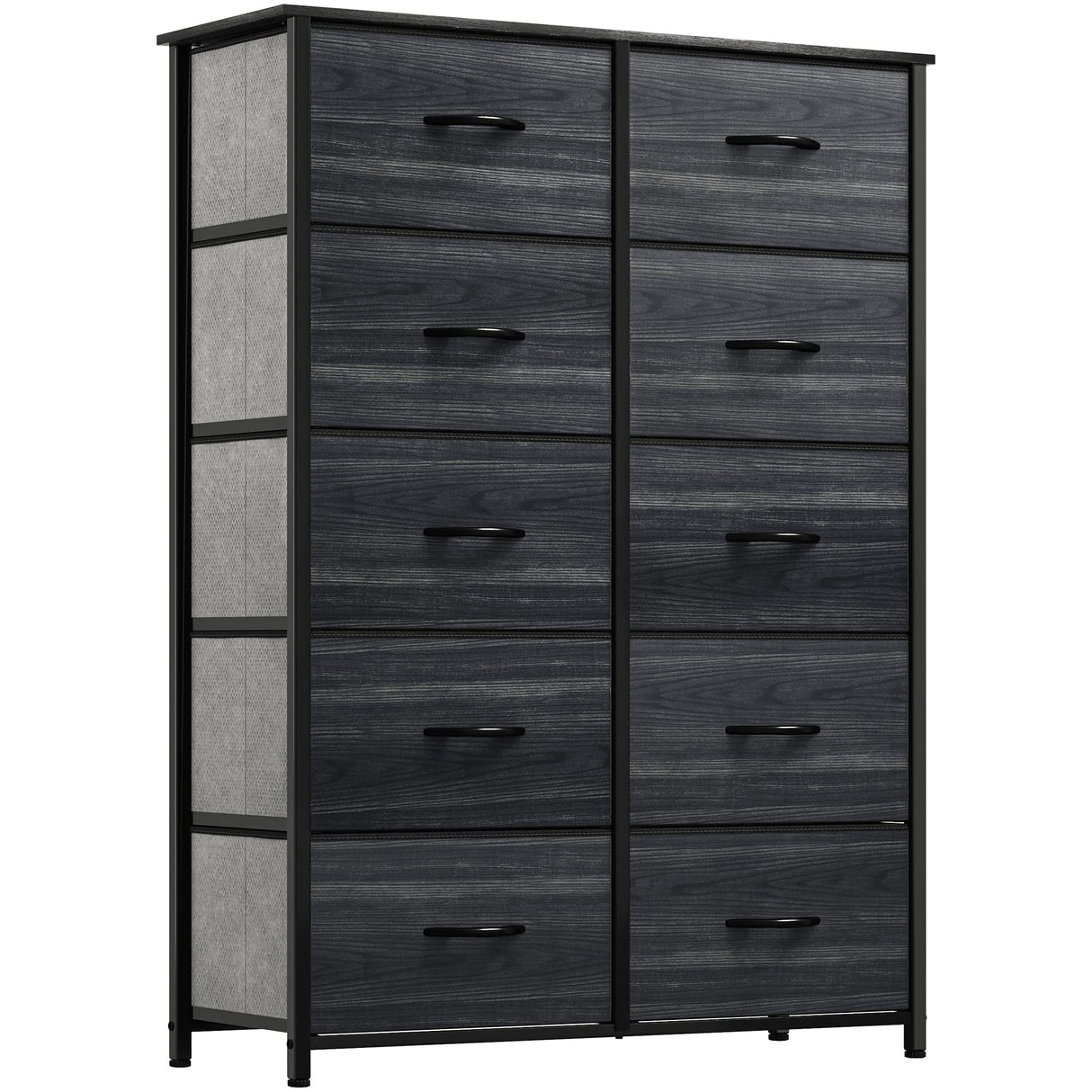 10 Drawer Dresser - Fabric Storage Tower, Organizer Unit for Living Room, Hallway, Closets - Sturdy Steel Frame, Wooden Top & Easy Pull Fabric Bins (Black Wood Grain)