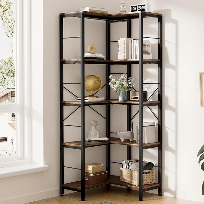 5-Tier Corner Bookshelf, 70.86" Tall Corner Bookcase,5-Shelf Modern L-Shaped Coner Shelf with Metal Frame for Home Office,Living Room,Bed Room(White)