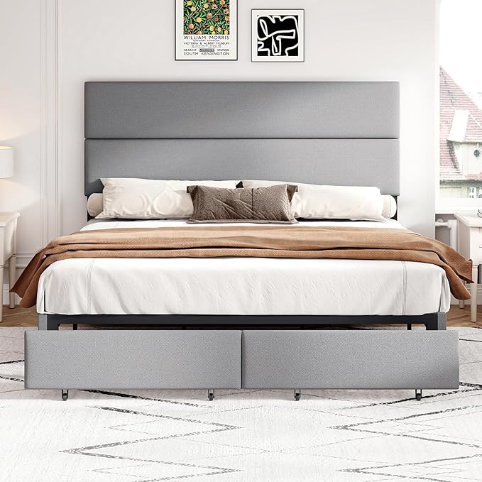 Yumpie Cream Upholstered Queen Bed Frame with Storage Drawers & Adjustable Headboard