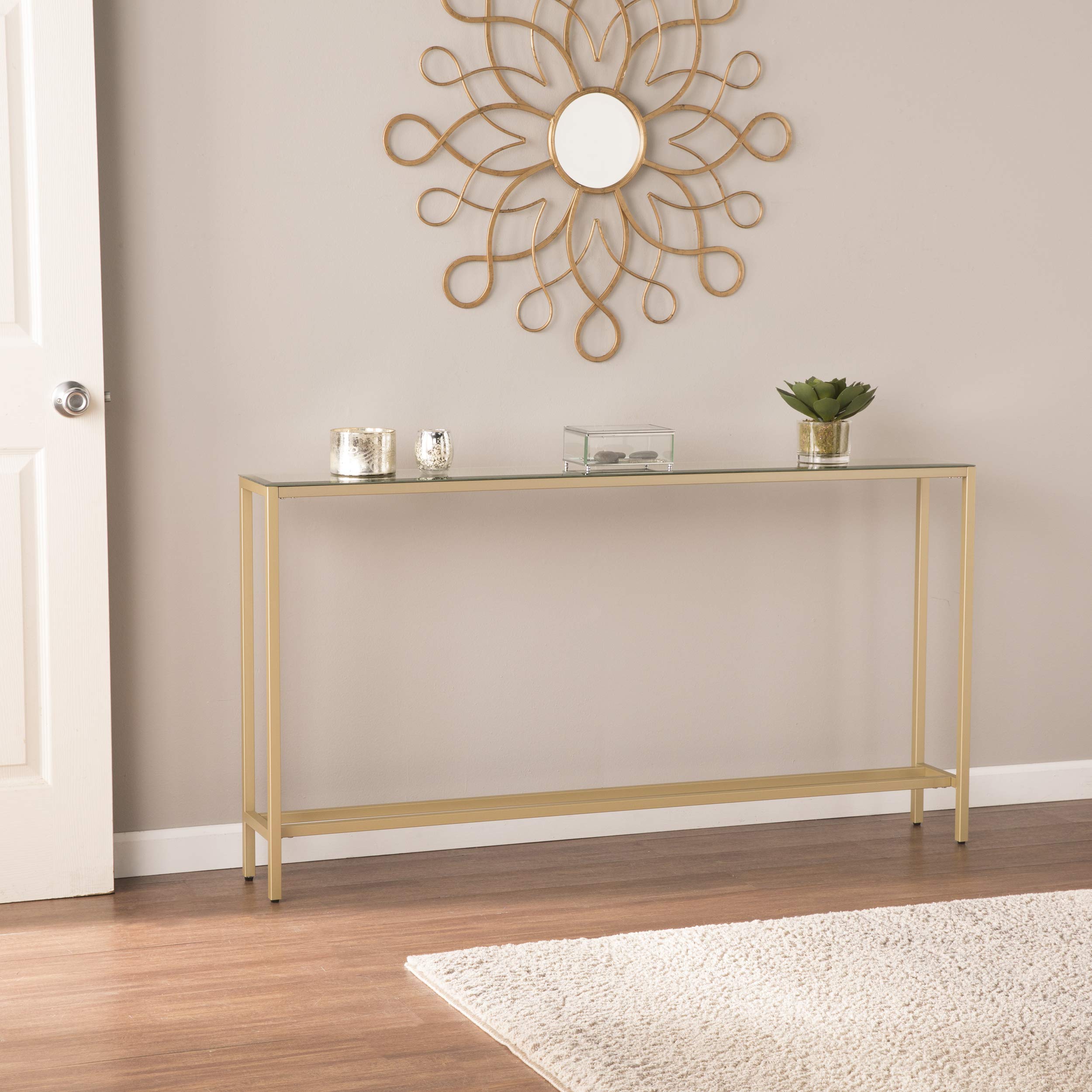 Darrin Narrow Mirrored Top Console Table, 56", Metallic Gold