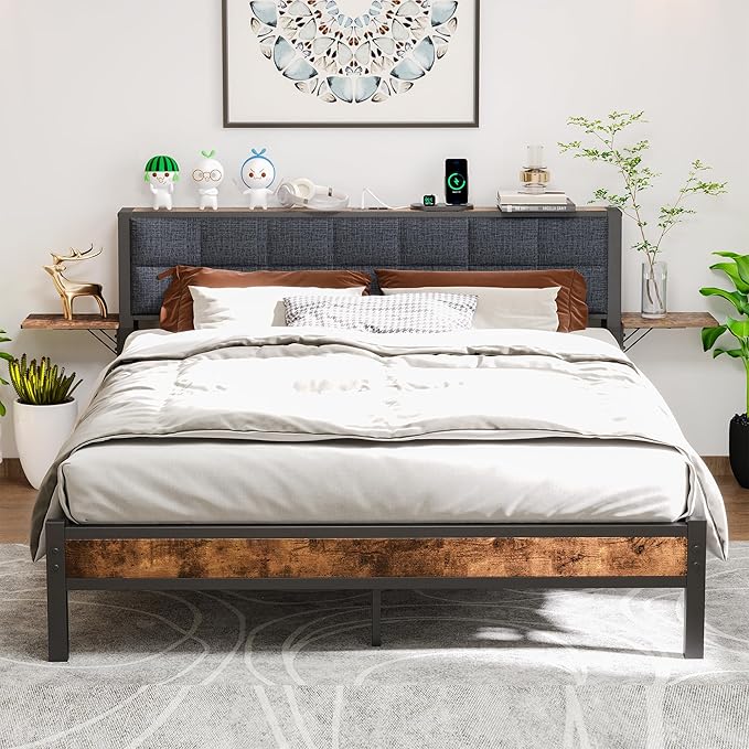 Ergonomic Upholstered Headboard and Charging Station, Platform Bed Frame with Storage