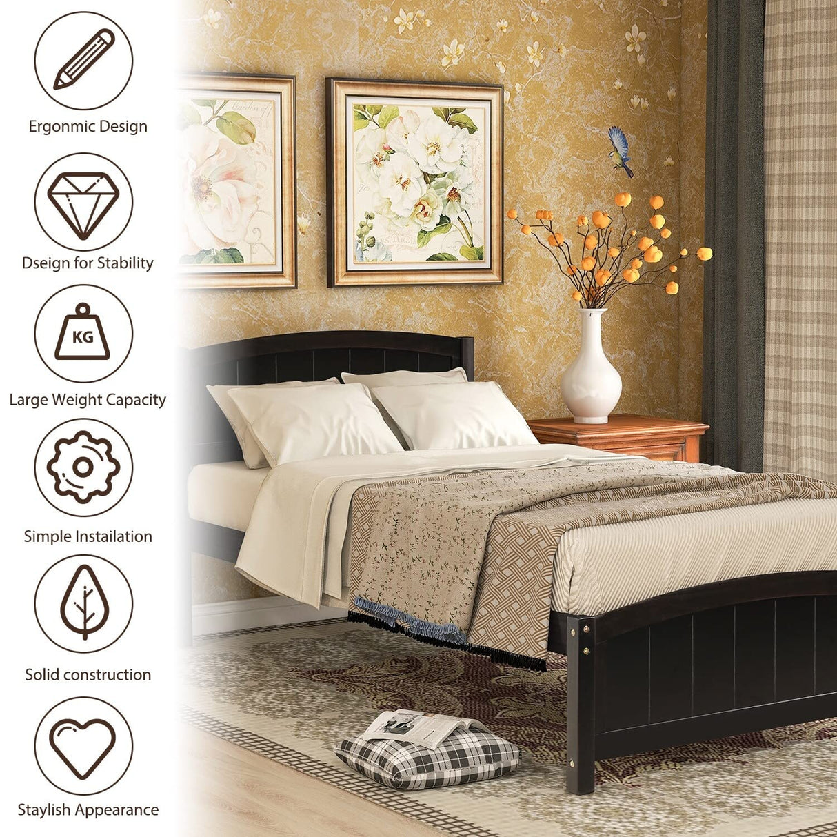 with Headboard,Footboard and Wood Slat Support Espresso