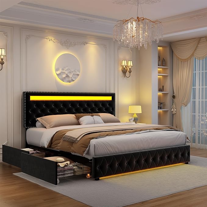 Queen Led Bed Frame with 4 Storage Drawers, with Smart Control RGBW LED Lights Headboard Footboard,