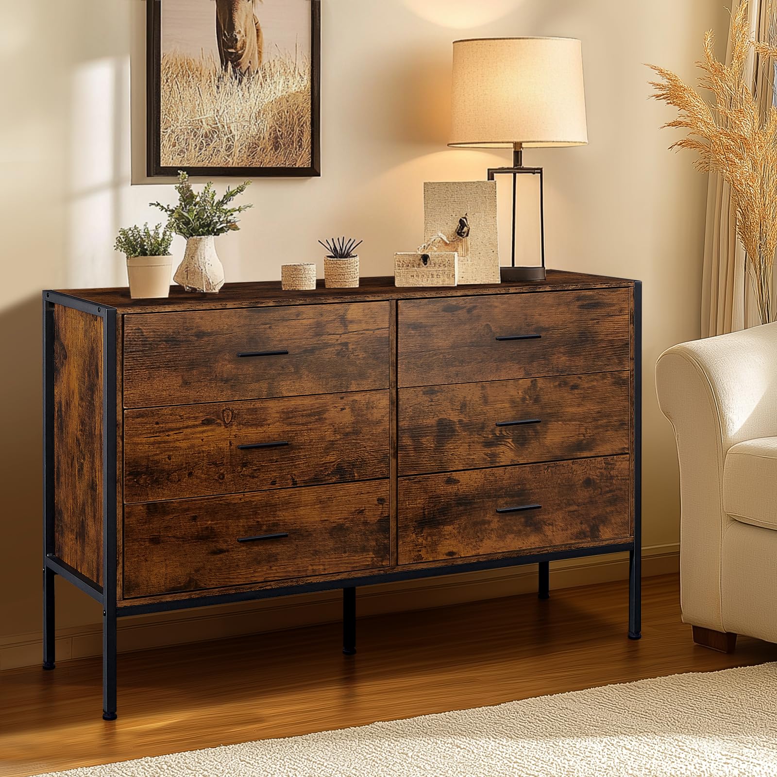 Wood Rustic Dresser with 6 Drawers