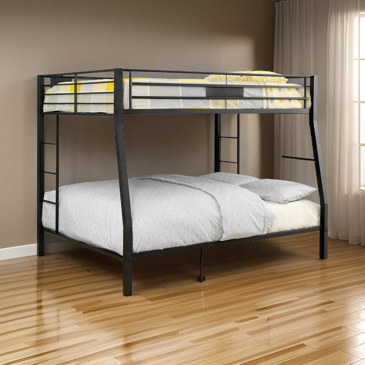 BM217535 Horizontal Slatted Metal Bunk Bed with 2 Ladders, Black - Full Over Queen Size