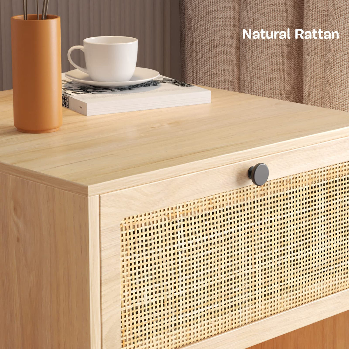 Rattan Nightstand Set of 2, Boho Bedside Table with Handmade Natural Rattan Decorative