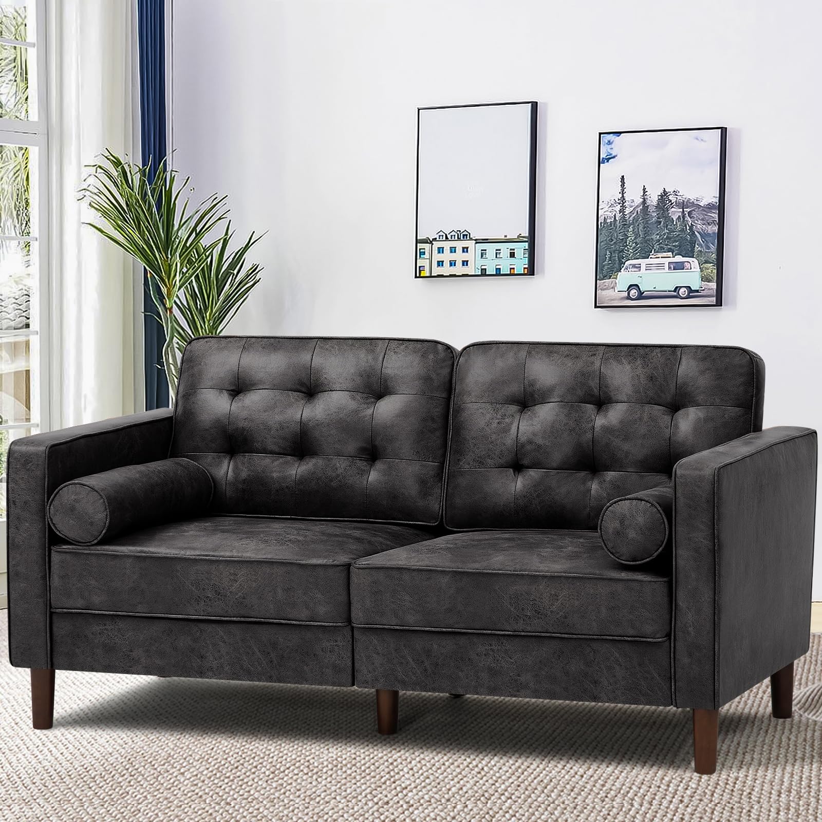 67" Faux Leather 2-Seat Sofa with 2 Bolster Pillows, Tufted Loveseat