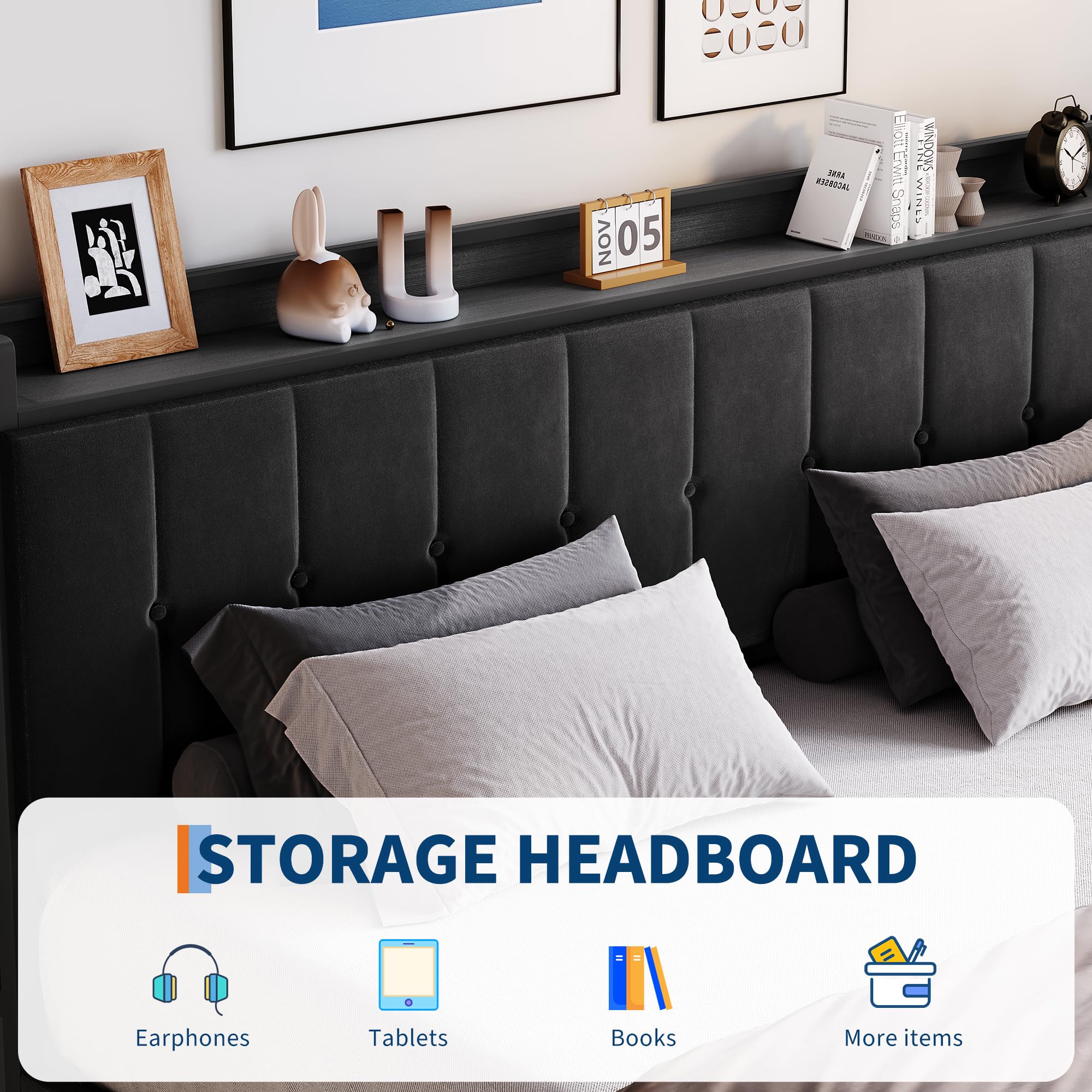 King Bed Frame with Lift-Up Storage - Upholstered Velvet Platform Bed