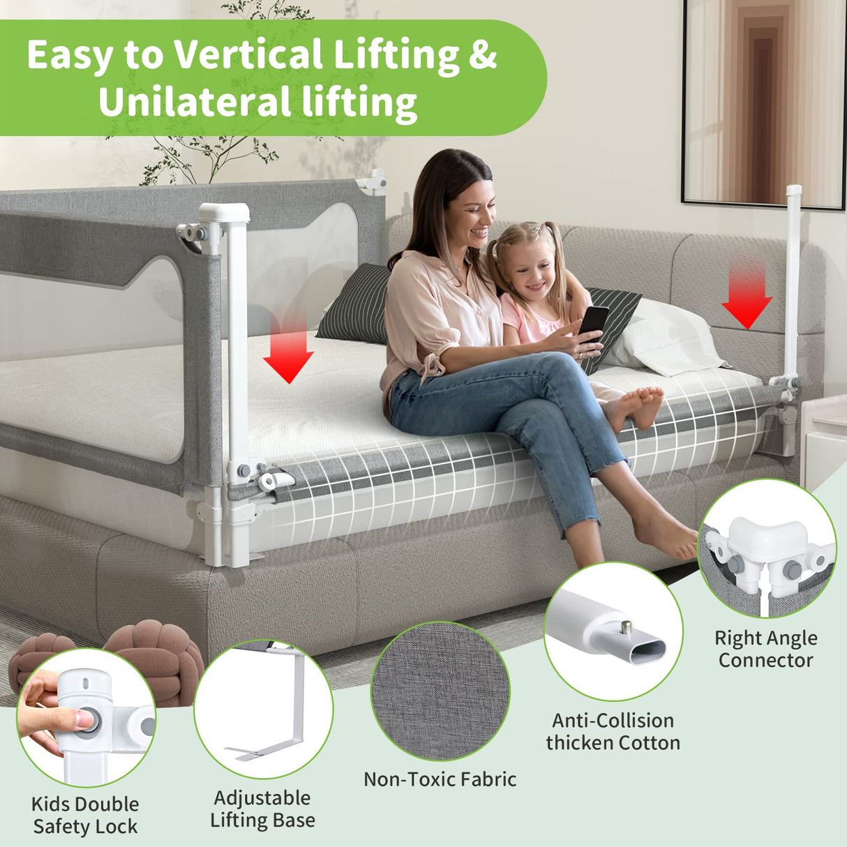 melafa365 Bed Rails for Toddlers, Upgrade Baby Bed Rail Guard Height Adjustable Specially Designed for Twin, Full, Queen, King Size - Safety Bed Guard Rails for Kids(Gray,1 Piece, 59")