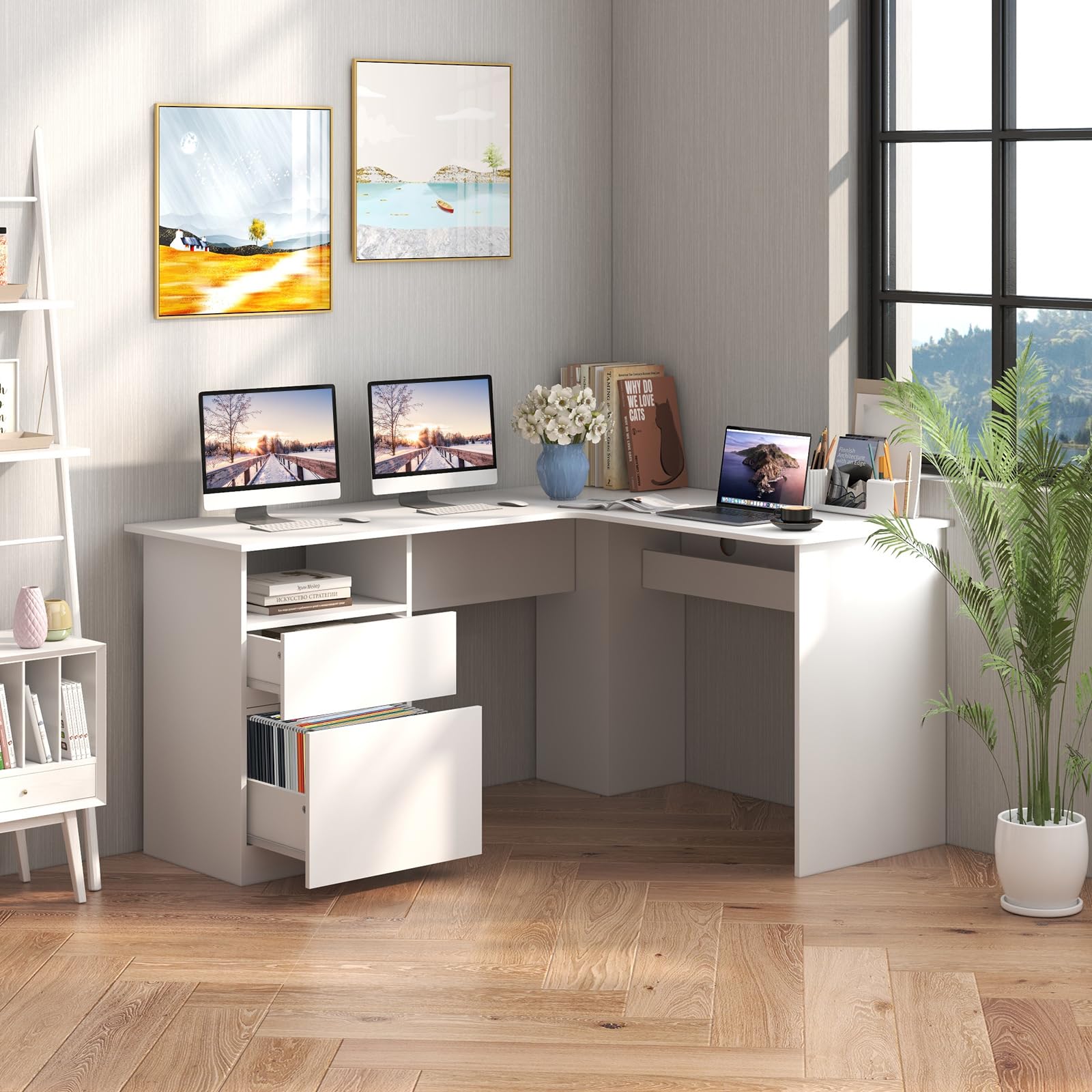 L-Shaped Desk, 59" Corner Computer Desk with File Drawer & Open Shelf