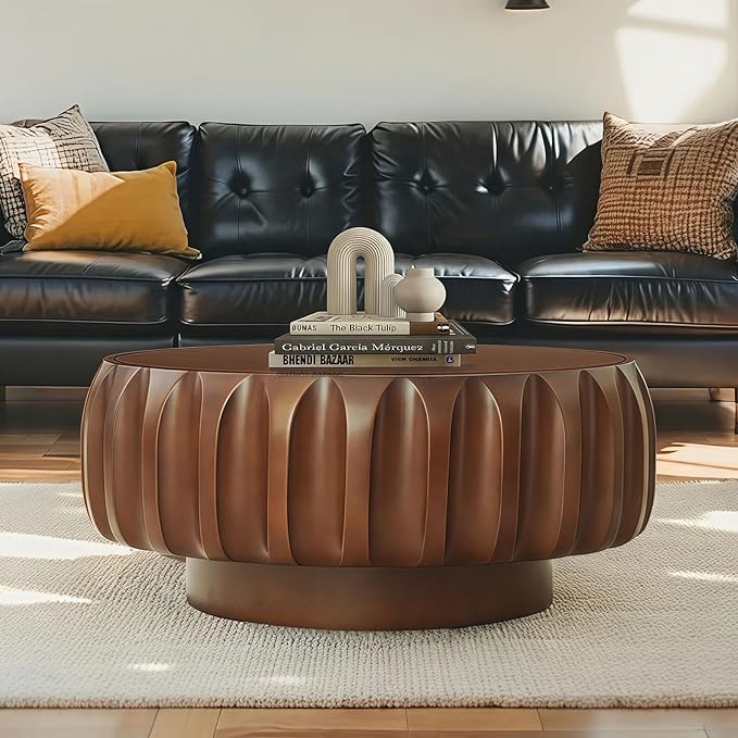 31.5" Round Coffee Tables for Living Room, Traditional Handcraft Drum Coffee Table