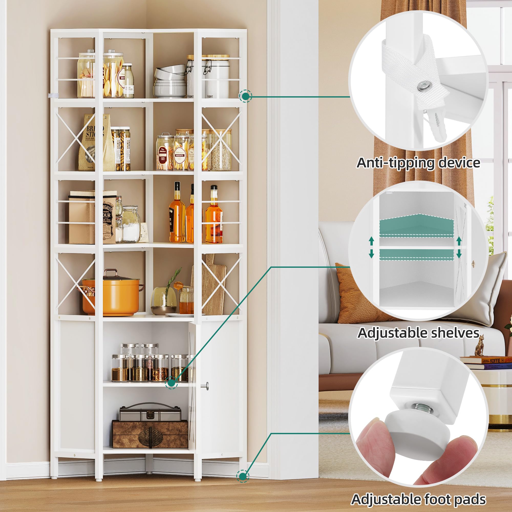 Corner Shelf with Door, 7-Tier Tall Corner Bookshelf, Corner Cabinet with Shelves