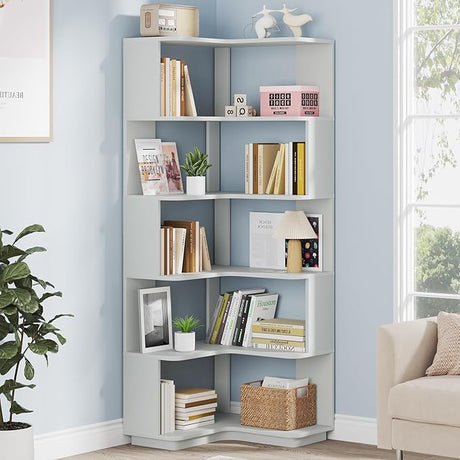 6-Tier Corner Bookshelf, 64.9 Inch Tall Bookcase with Anti-Drop Panel, Industrial Freestanding