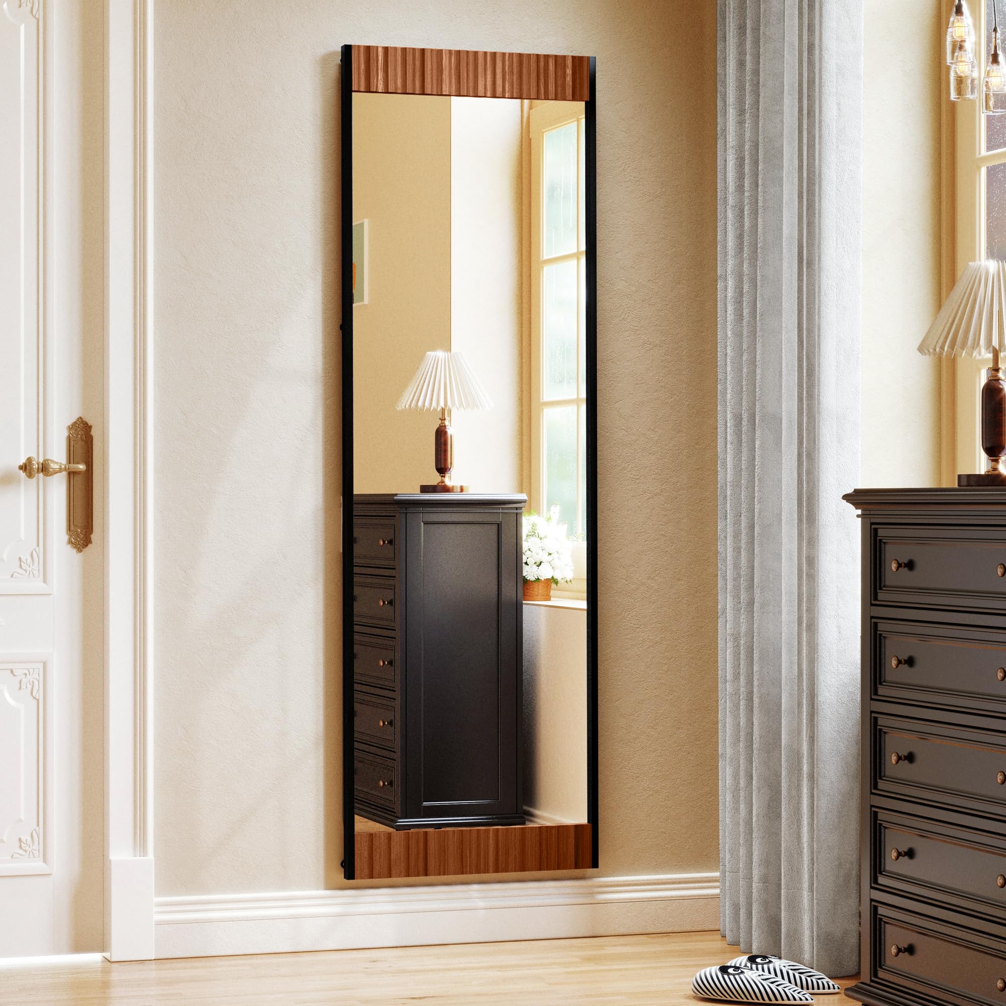 Wood Full Length Mirror with Stand, Large Wall Mirror Full Length Fluted Texture