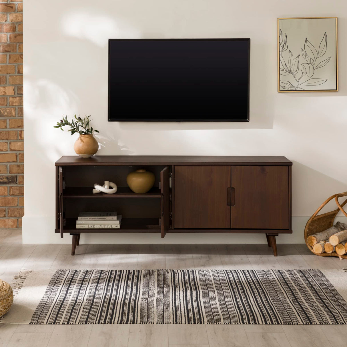 Genia Mid-Century Modern Solid Wood Stand for TVs up to 65 Inches, Walnut