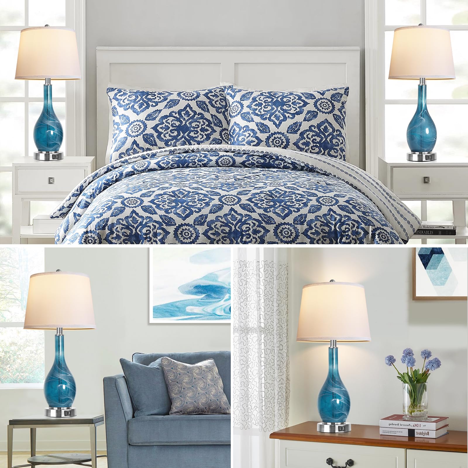 Table Lamps Set of 2, Modern Blue Glass Bedside Lamps