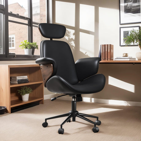 Home Office Chair with Wheels and Bentwood Arms, PU Leather Swivel Desk Chair