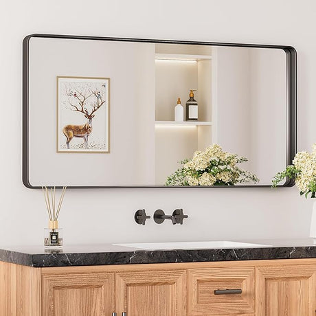 Black Bathroom Mirrors for Over Sink, 42 x 20 Inch Rounded Rectangle Bathroom