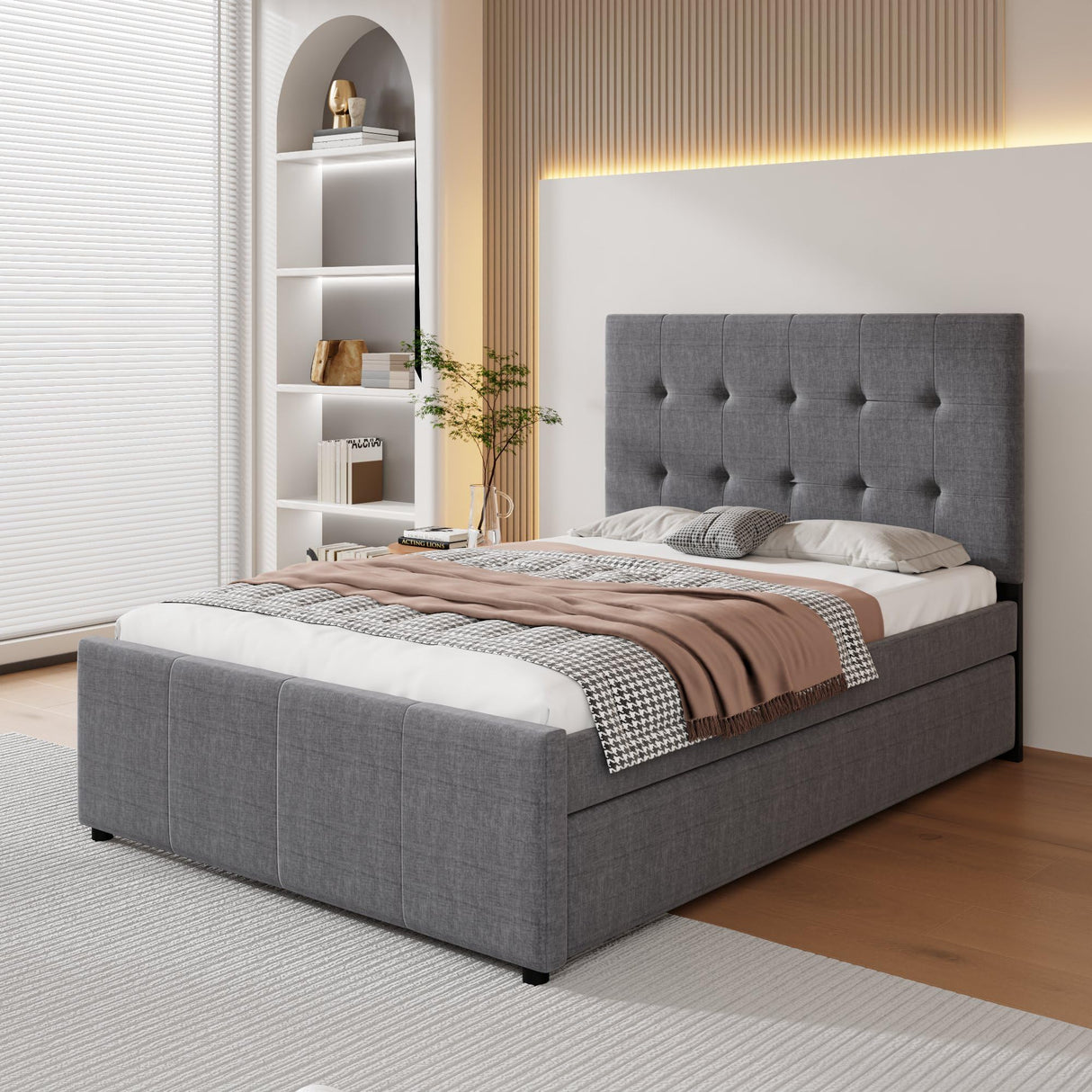 Upholstered Platform Bed, Linen Bed with Headboard and Trundle, Full, Grey