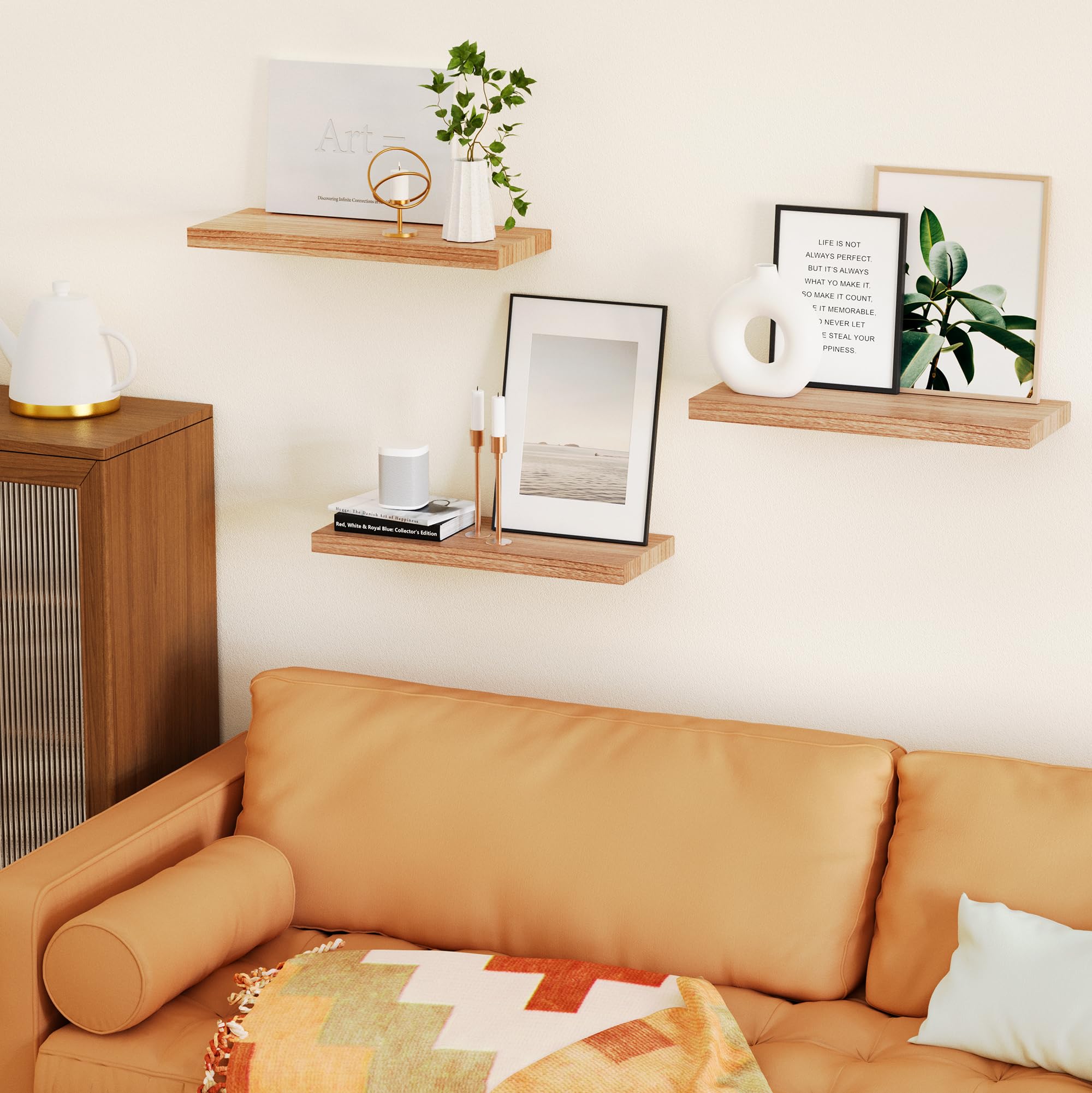 Greenual 3 Packs Floating Shelves for Wall, Nature Wood Wall Shelf, 16" Wall Mounted Floating Shelf for Kitchen, Living Room, Bedroom, Bathroom Storage, Book Shelf for Wall Home Decor, Frame Display