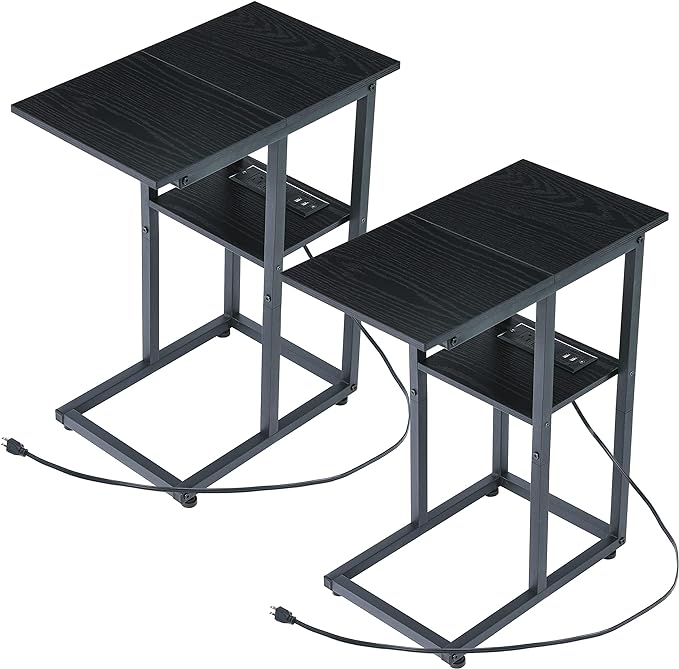 Side Table with Charging Station Set of 2 - Small C Table Narrow End Table