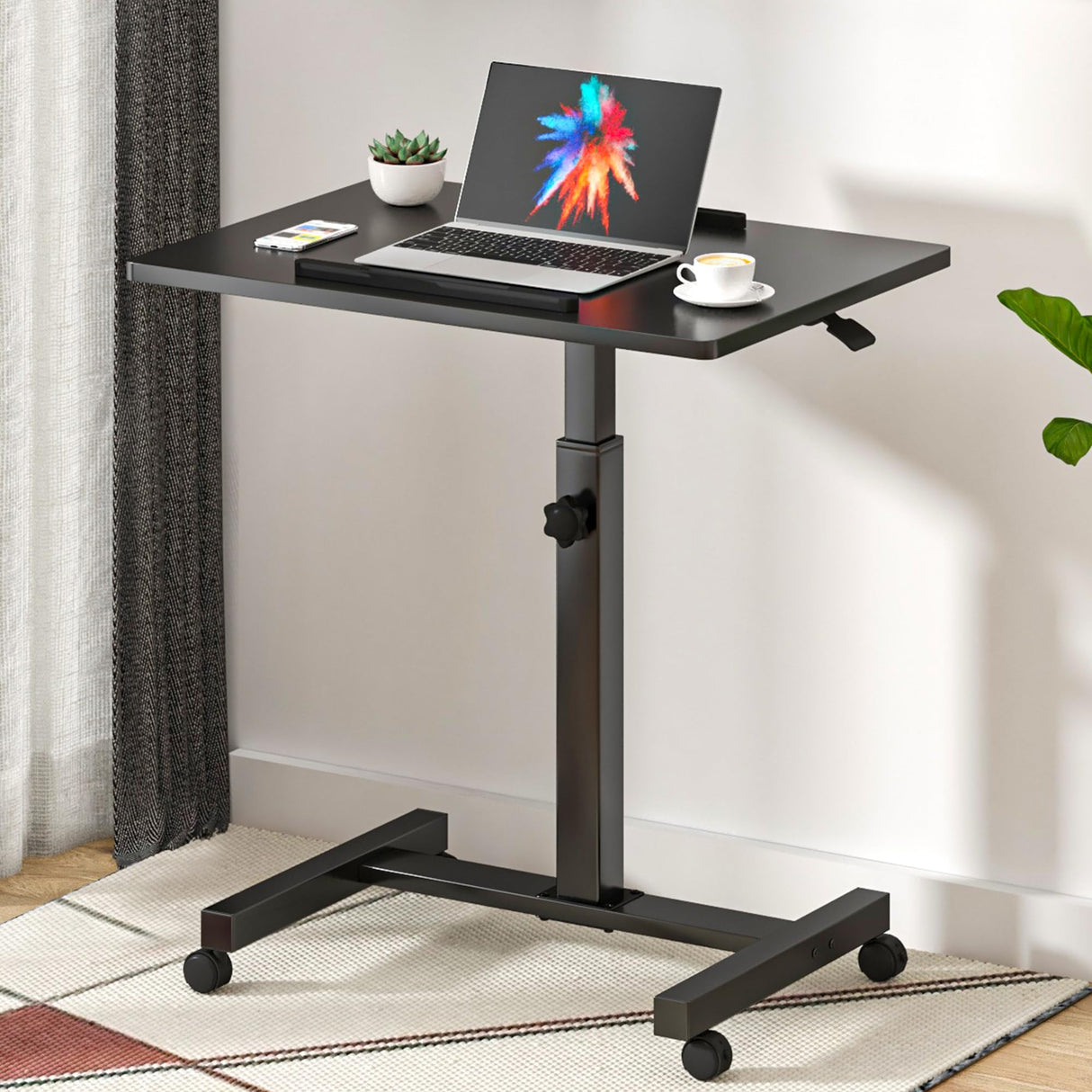 Pneumatic Mobile Standing Desk, Adjustable Height Rolling Desk with Wheels, Laptop Desk for Couch, Portable Sit Stand Desk for Home, Office and Hospital, Black