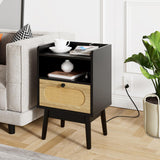 Rattan Nightstand Set of 2, Bedside Table with Charging Station, Modern Night Stand