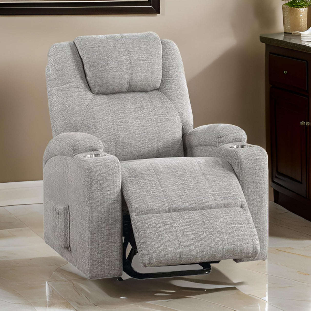 Benjara Evans 37 Inch Recliner Chair, Power Lift, Cupholders, Chenille, Light Gray