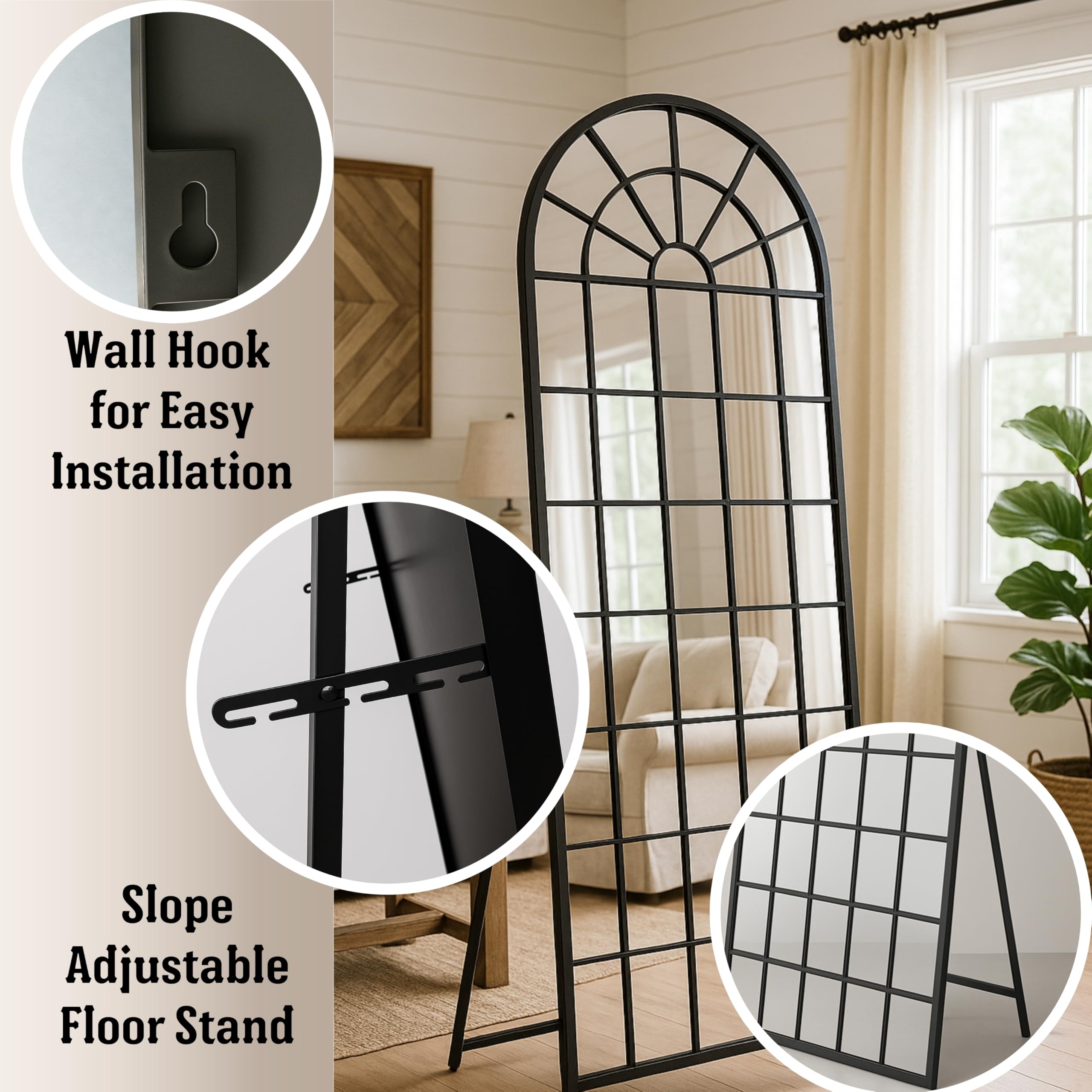 Large Arched Window Pane Mirror - 70x30 Inch Full Length Wall & Floor Mirror
