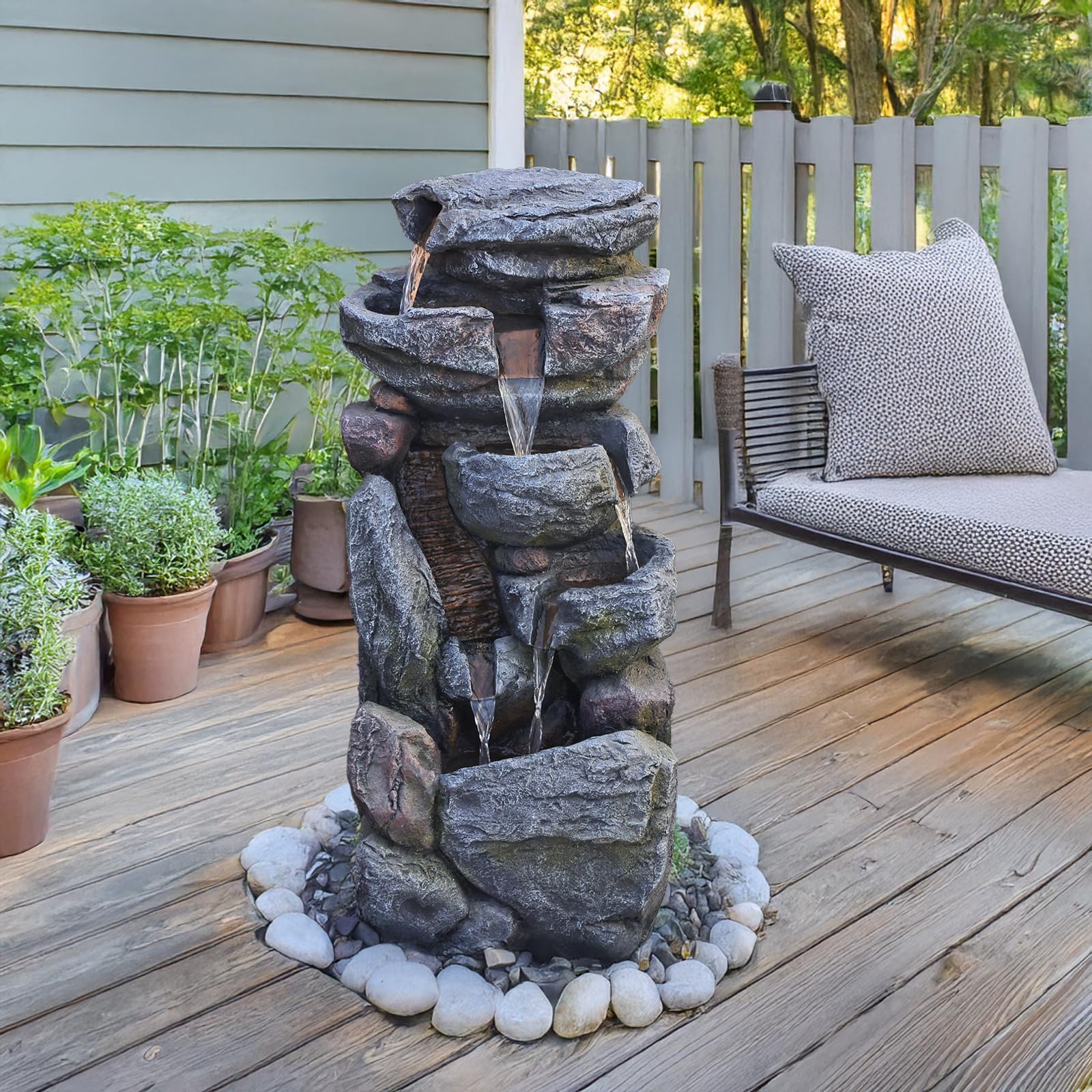 31.5" H Cascading Water Fountain Outdoor Garden Fountains with Light 5-Tier Rock