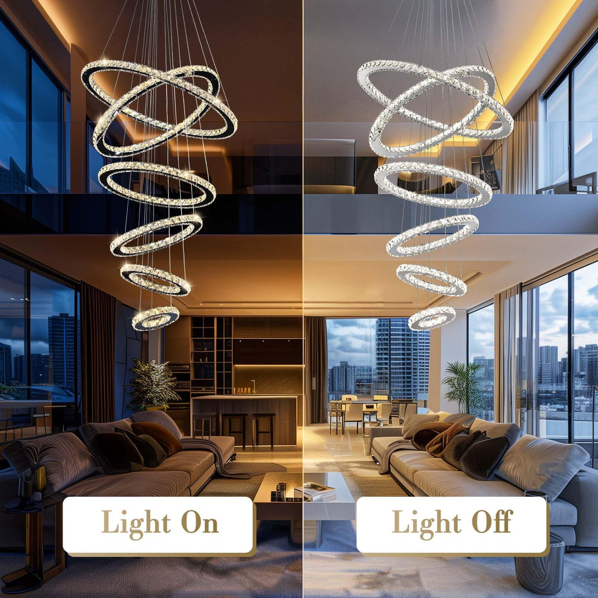 Modern Crystal Chandelier Lighting, 6 Ring Chandelier LED Ceiling Lights Fixtures