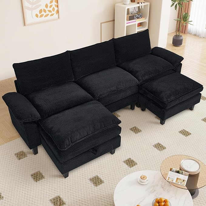 L Shaped Modular Sectional Sofa, 118" Corduroy Cloud Sectional Couch
