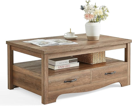 Farmhouse Coffee Table with Storage, Wood Coffee Table for Living Room