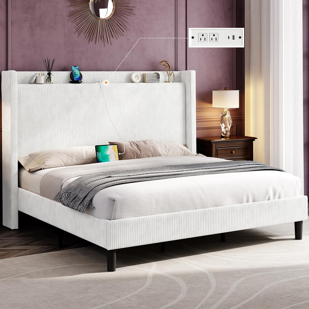 Jocisland Full Size Bed Frame Upholstered Corduroy Bed with Modern Wingback Storage Headboard and Charging Station, No Box Spring Needed, White
