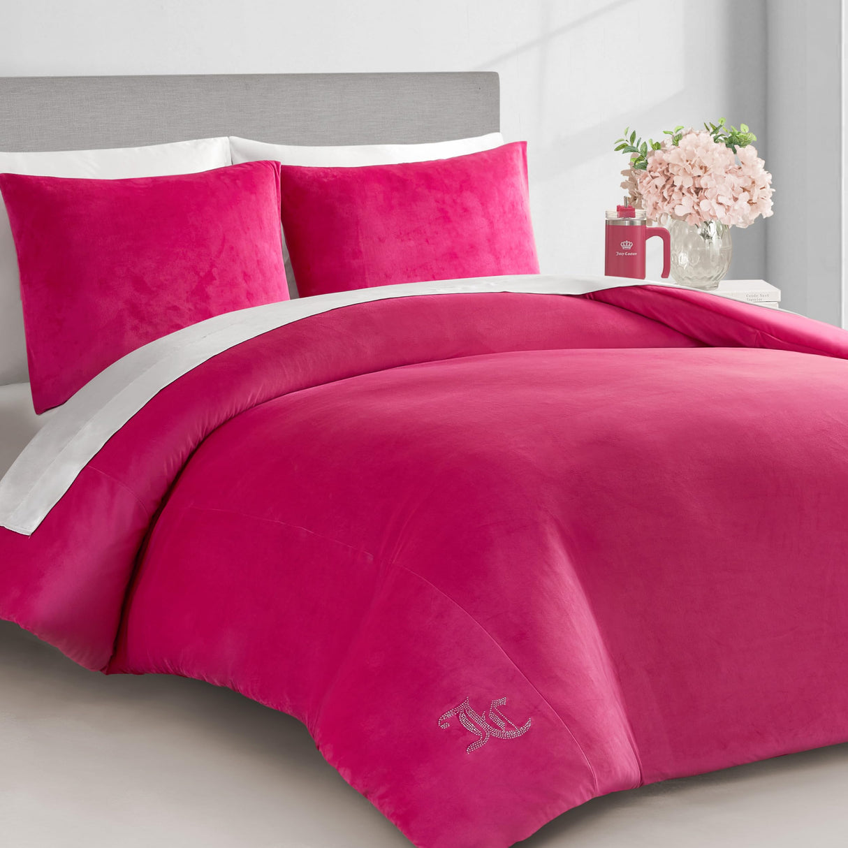 Hot Pink Velour Full/Queen Comforter Set - 3 Piece Luxury Bedding Ensemble