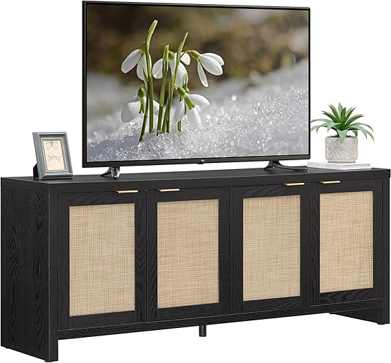 Boho TV Stand with Rattan Cabinets for 45-65 Inch TVs