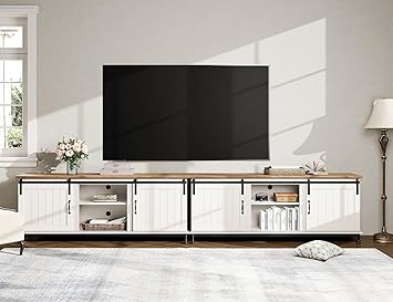 70'' Farmhouse TV Stand for 75 Inch TV, White Entertainment Center with Sliding Barn