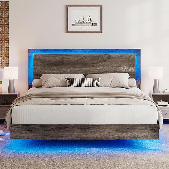 King Size Floating Platform Bed Frame with LED Light and Headboard