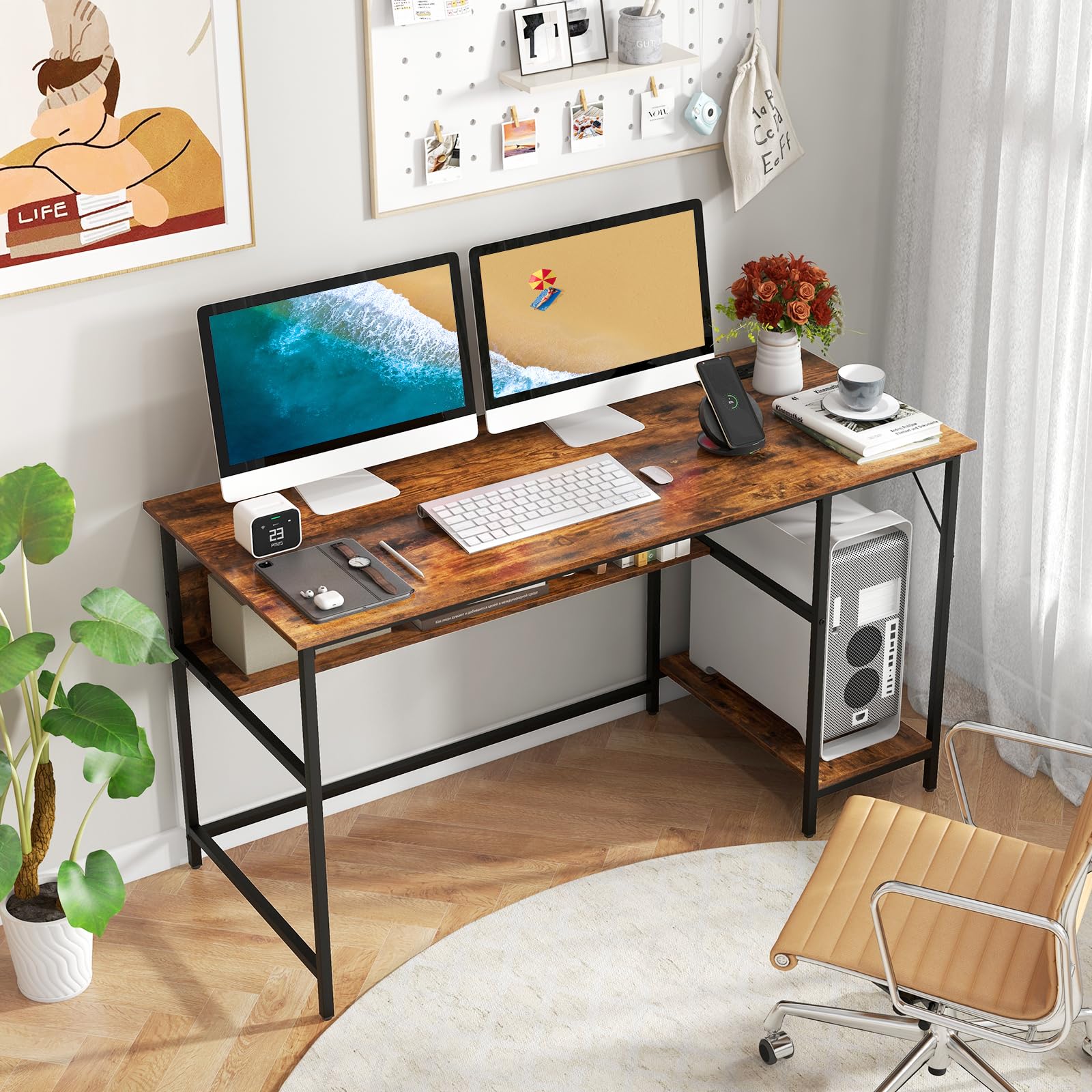 55 Inch Computer Desk with 4 Power Outlets & 2 USB Ports, Home Office Desk
