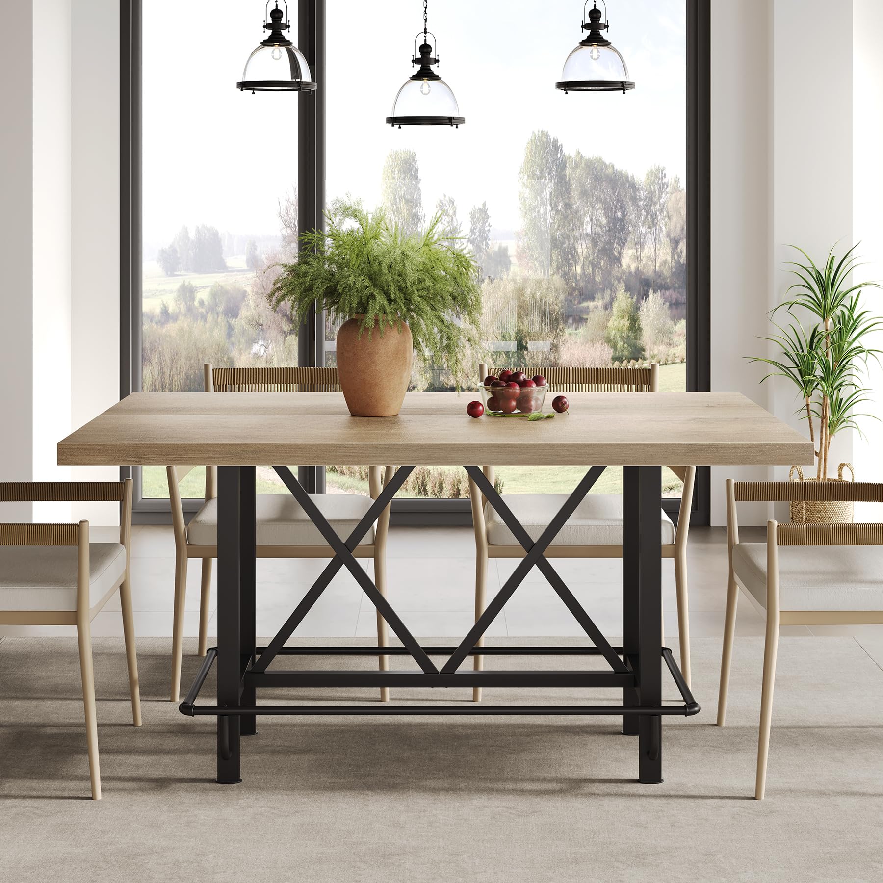 63-Inch Industrial Bar Table with Metal Footrest - Counter Height Pub Table