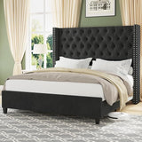 Queen Upholstered Bed Frame with Tall Headboard Wingback Platform Bed Tufted Deep