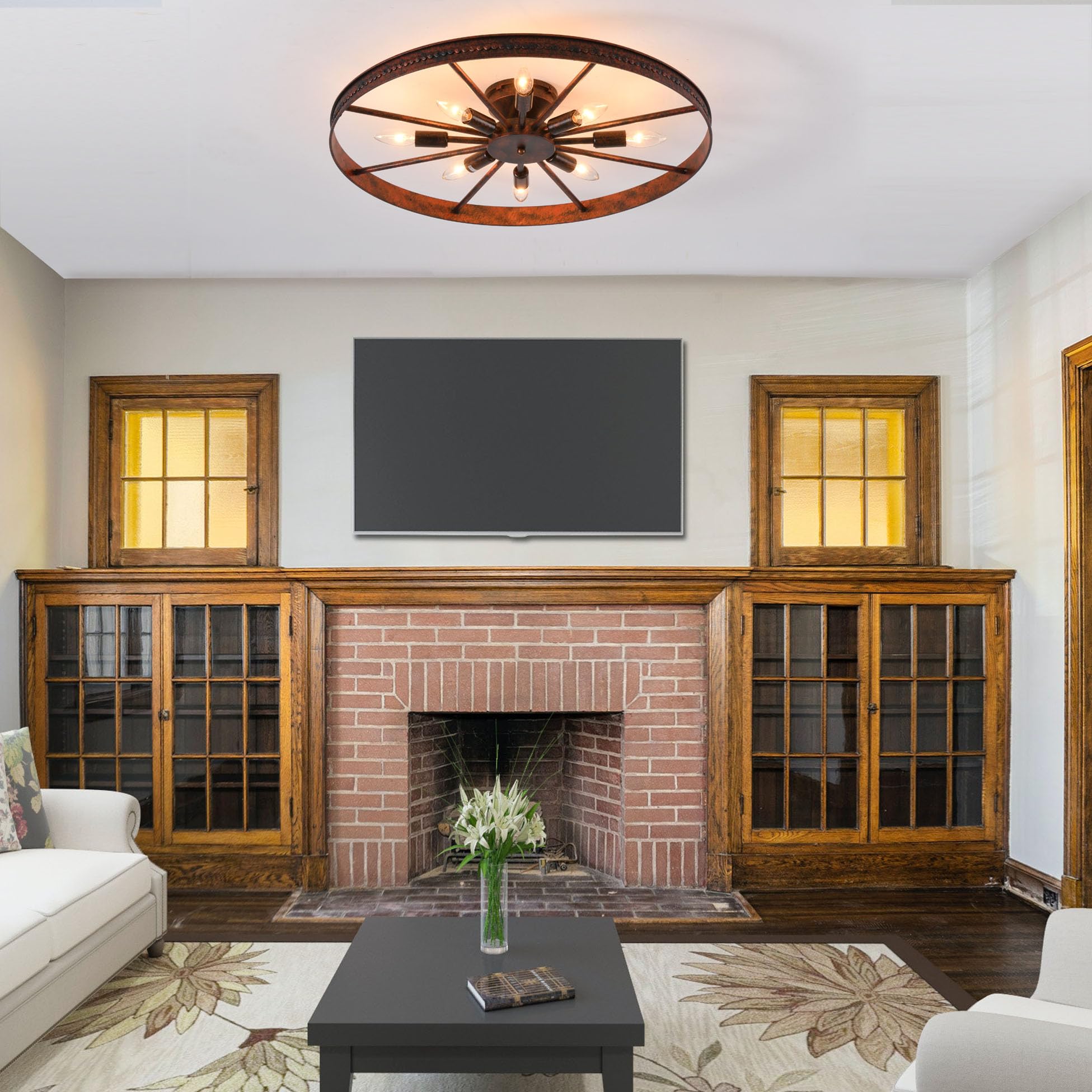 Farmhouse Ceiling Light - 26.8" Red Rust Metal Flush Mount Fixture (8-Light)