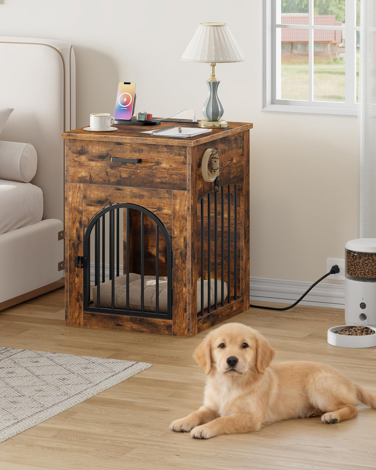 Wooden Dog Crate Furniture with Charging Station & Storage