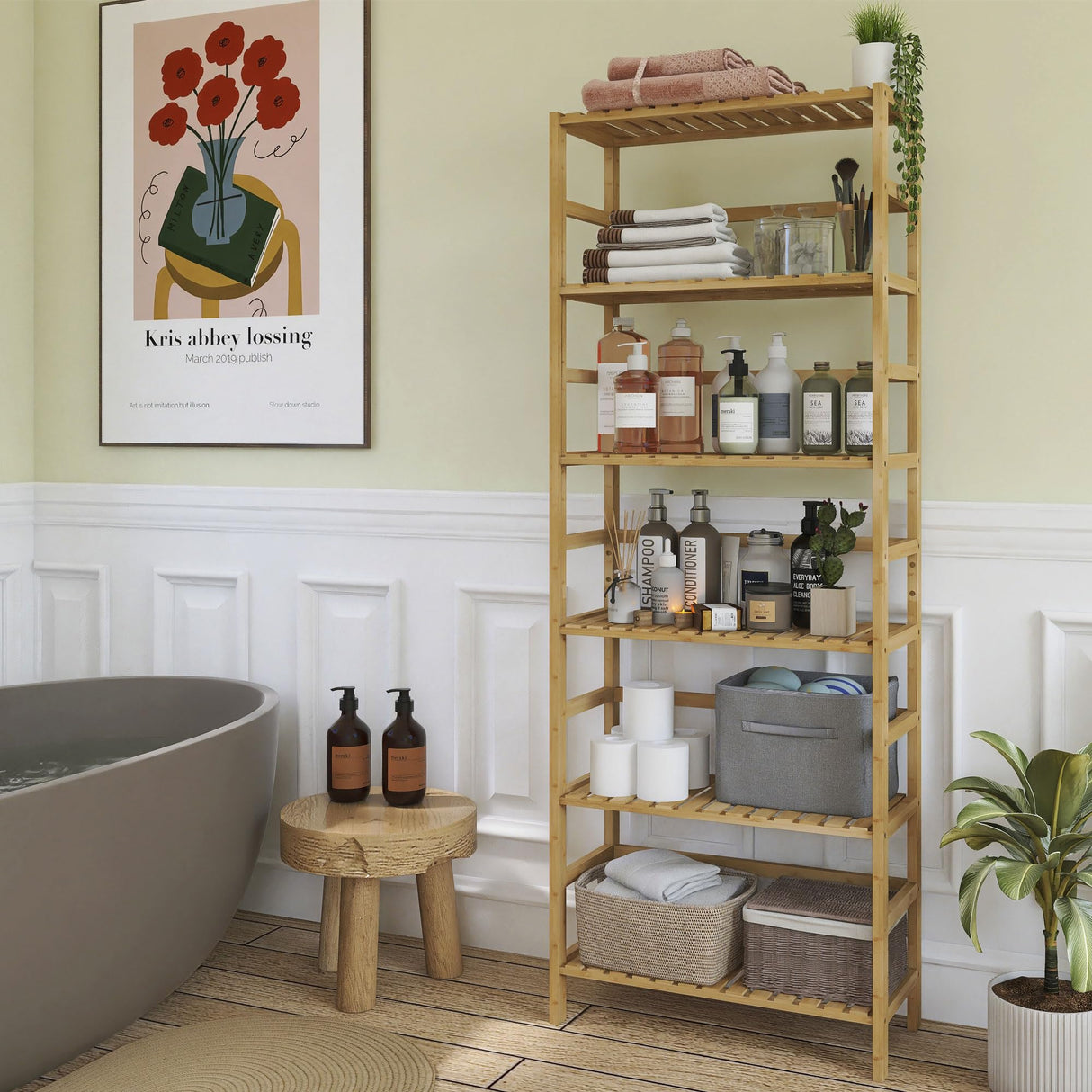 Bamboo Shelf, 6-Tier Adjustable Tall Open Bookcase, Bathroom Storage Rack Freestanding Shelving