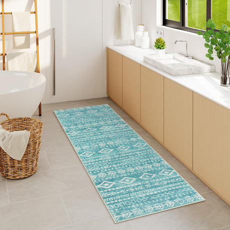 Lahome Moroccan Boho Bathroom Runner Rug,2x6 Teal Kitchen Runner Rug Non Skid Washable Hallway Runner 6ft,Low-Pile Soft Rug Geometric Indoor Carpet Runner for Entryway Laundry Room Bedroom